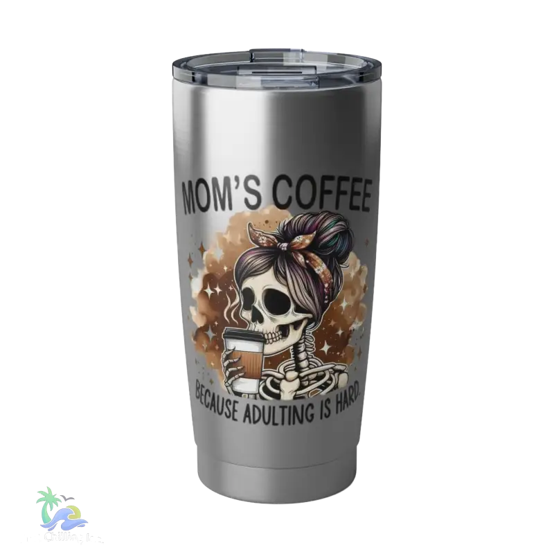 a stainless steel coffee cup with a skull on it