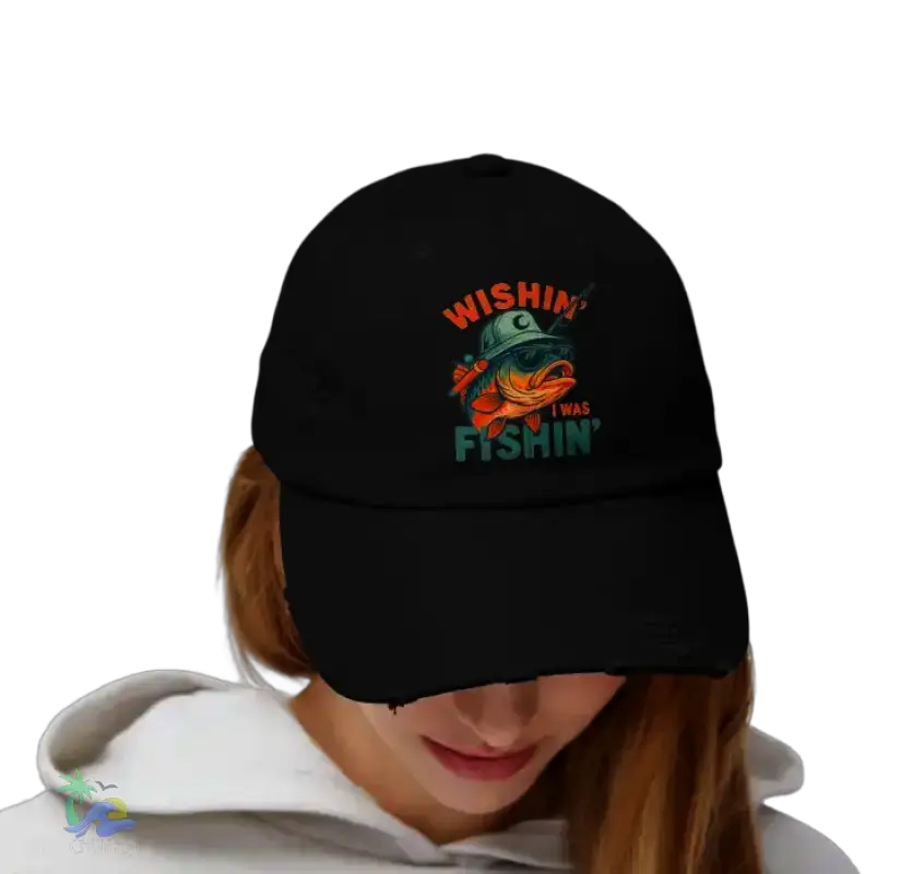Unisex Distressed Cap wishing I was fishing - Hats