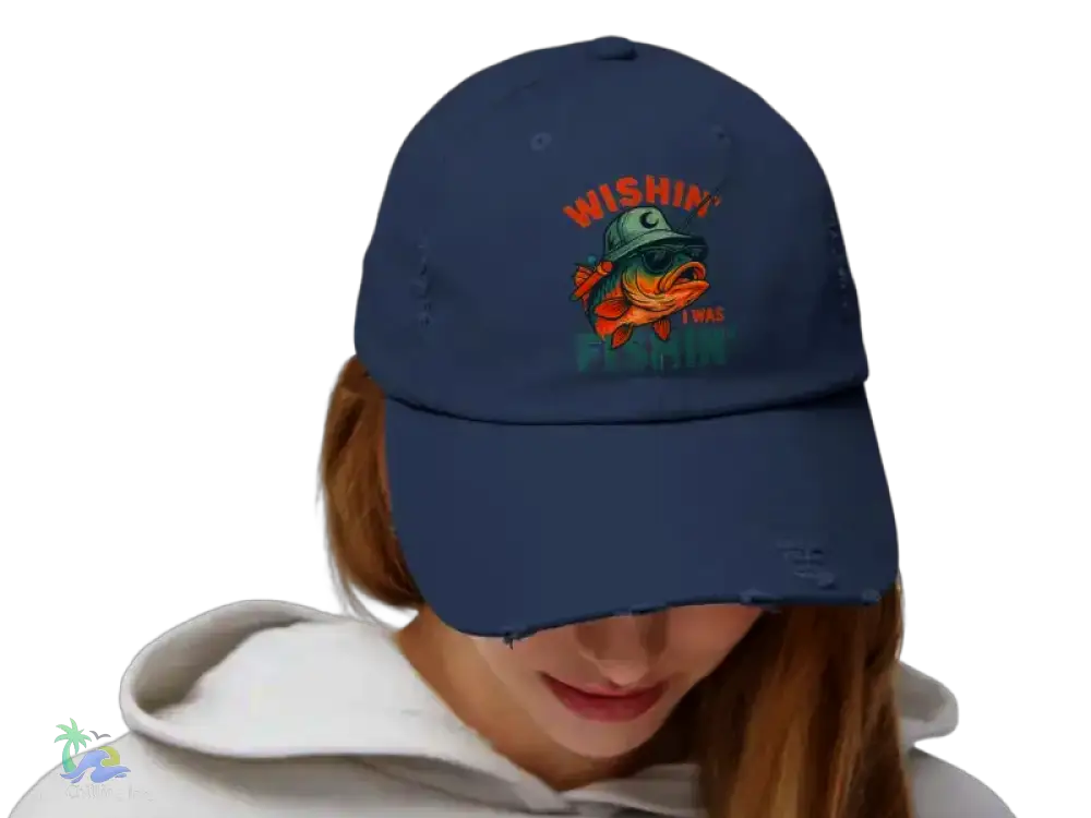 Unisex Distressed Cap wishing I was fishing - Hats