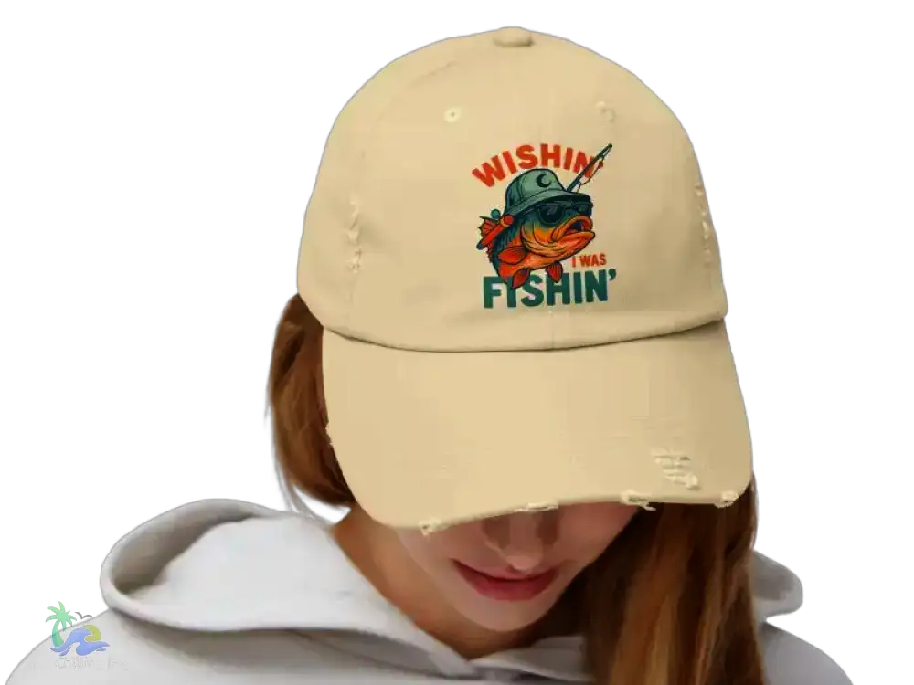 Unisex Distressed Cap wishing I was fishing - Hats