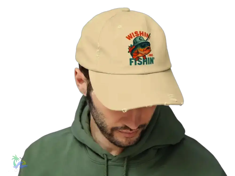 Unisex Distressed Cap wishing I was fishing - Hats