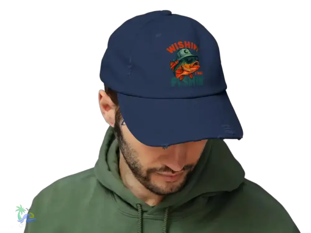 Unisex Distressed Cap wishing I was fishing - Hats