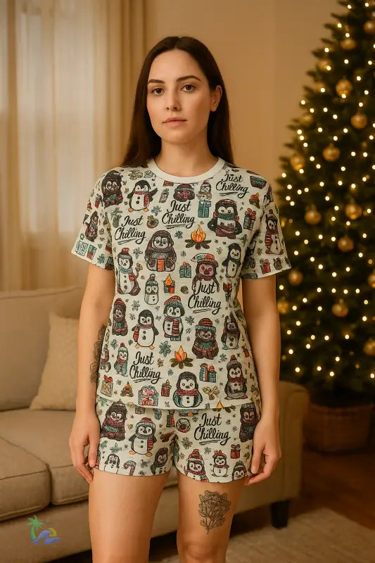 Women’s Just Chilling Penguin Pajama Set – Cozy Two Piece Lounge & Sleepwear All Over Prints