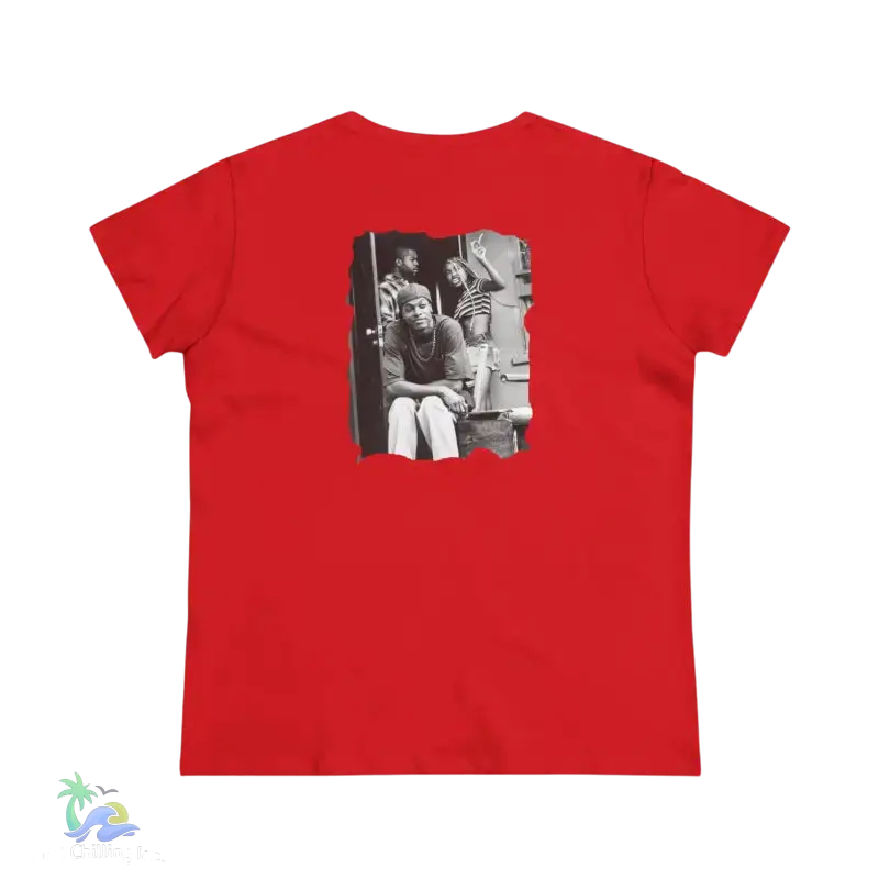 The image is a red T-shirt with a black and white photograph of two people on the back.