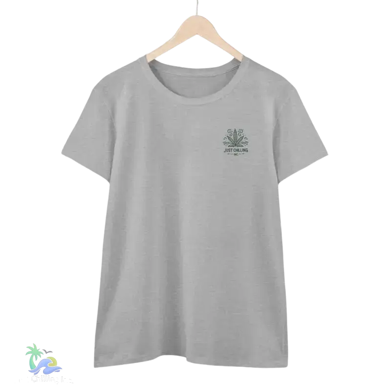A gray t-shirt with a small logo on the left side of the chest.
