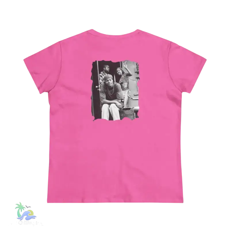 A pink t-shirt with a black and white photograph of two people on the back.