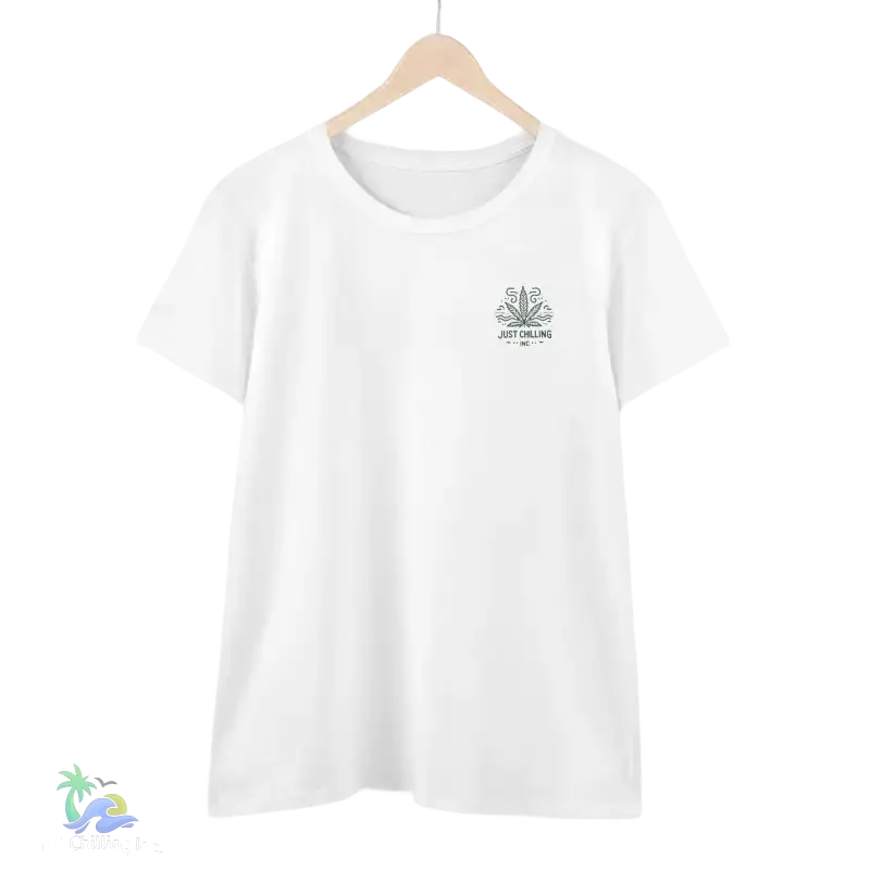 A white t-shirt with a small logo on the left side of the chest.