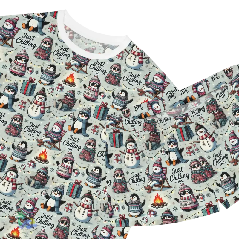 a t-shirt with a repeating pattern of cartoon penguins in various winter-themed outfits, including snowmen, presents, and other festive elements.