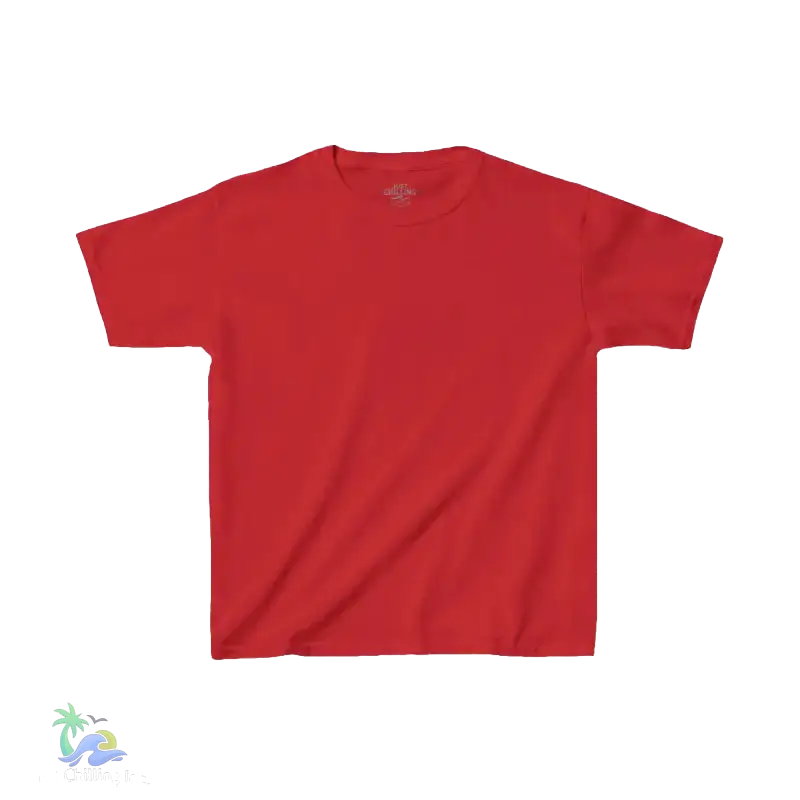 A red t-shirt is shown against a black background.