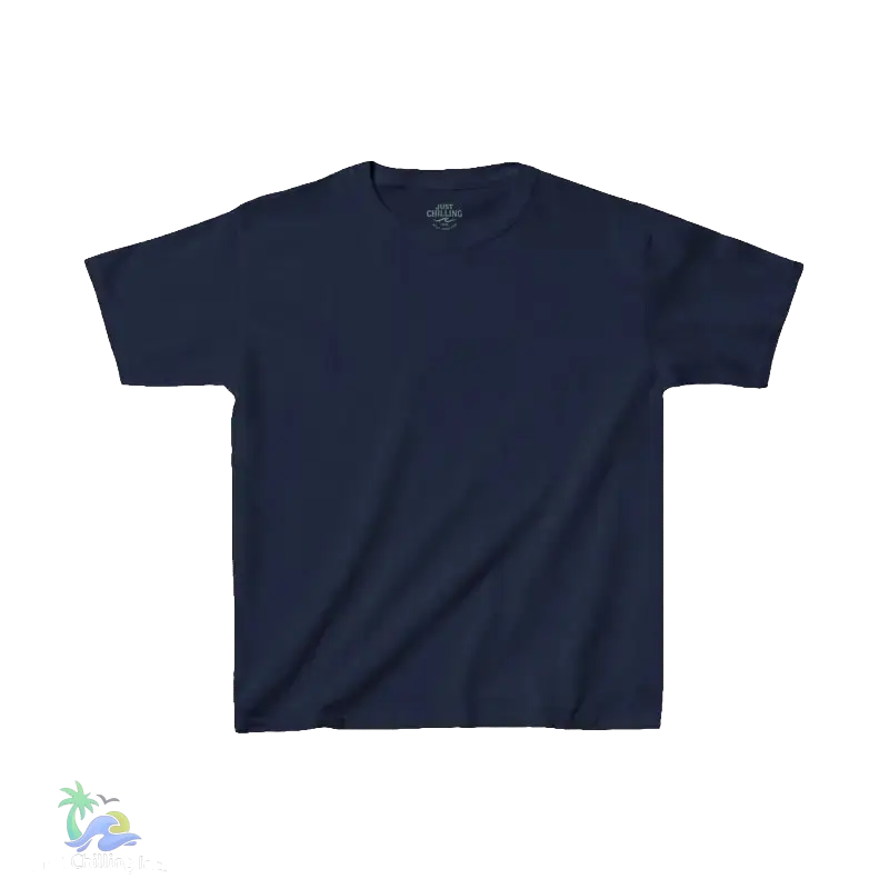 A navy blue t-shirt is shown against a black background.