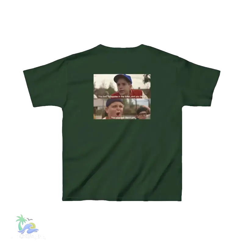 The image is a green t-shirt with a graphic design featuring two people, one of whom is making a funny facial expression. The text on the t-shirt is not clear enough to transcribe accurately.