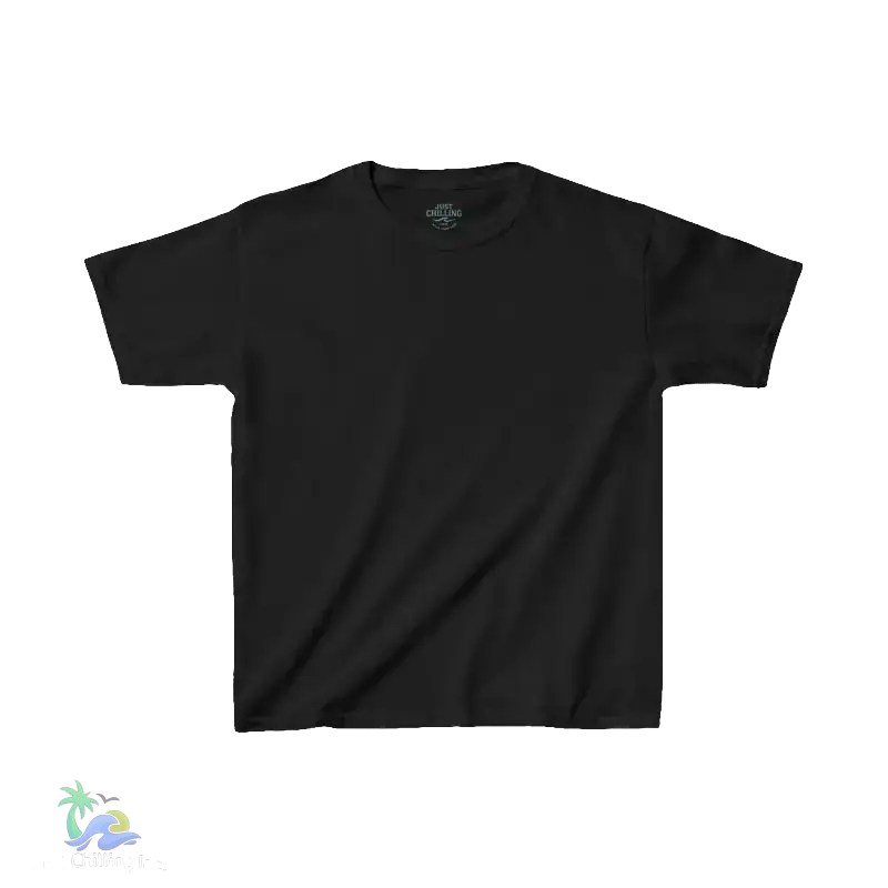 A plain black t-shirt is shown against a black background.