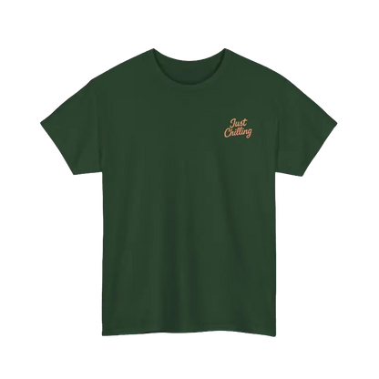 A green t-shirt with a small orange text logo on the left side of the chest.