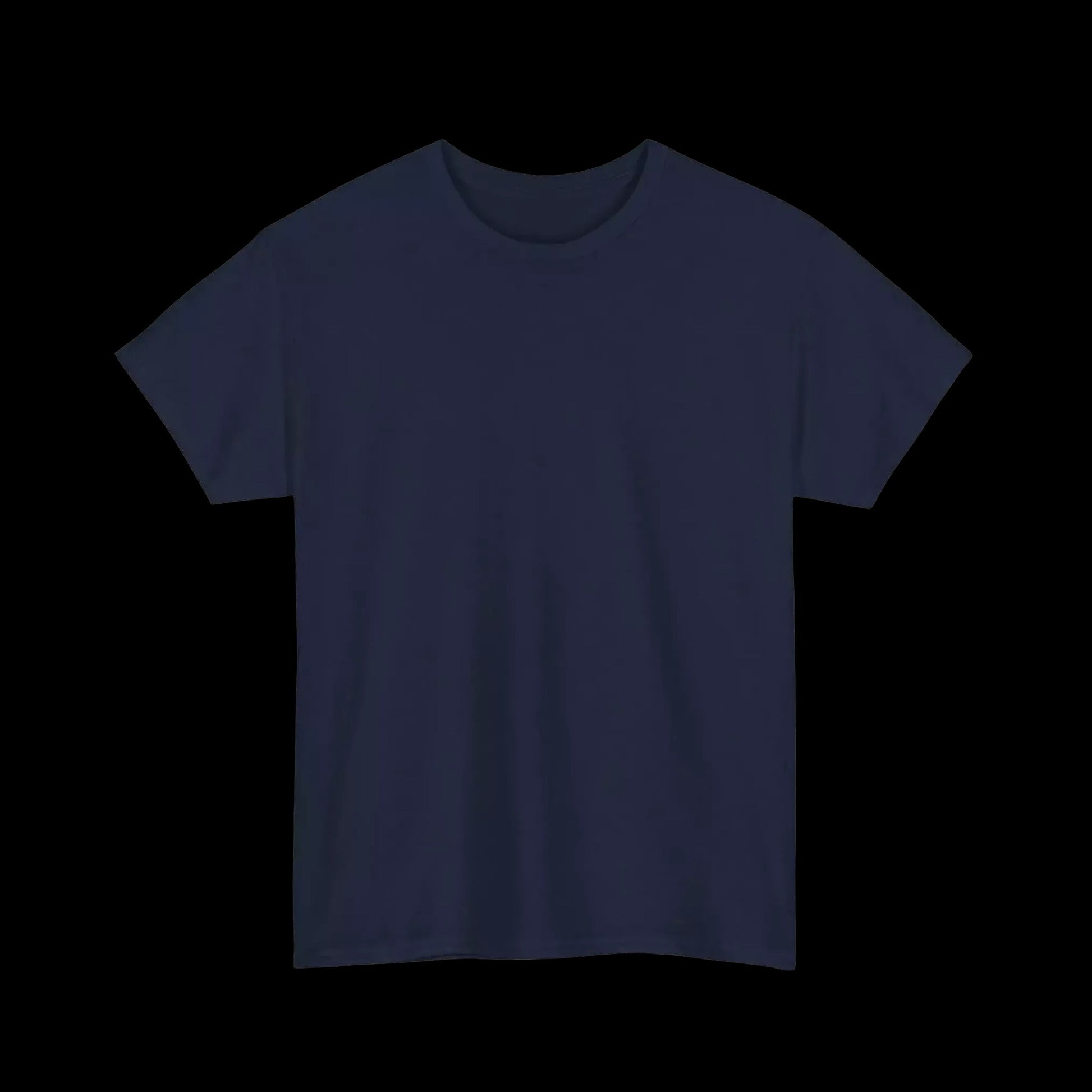 A plain, navy blue t-shirt is shown against a black background.