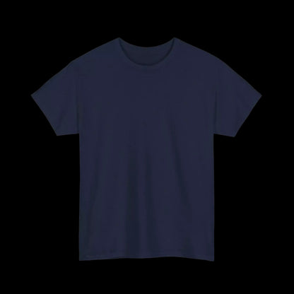 A plain, navy blue t-shirt is shown against a black background.