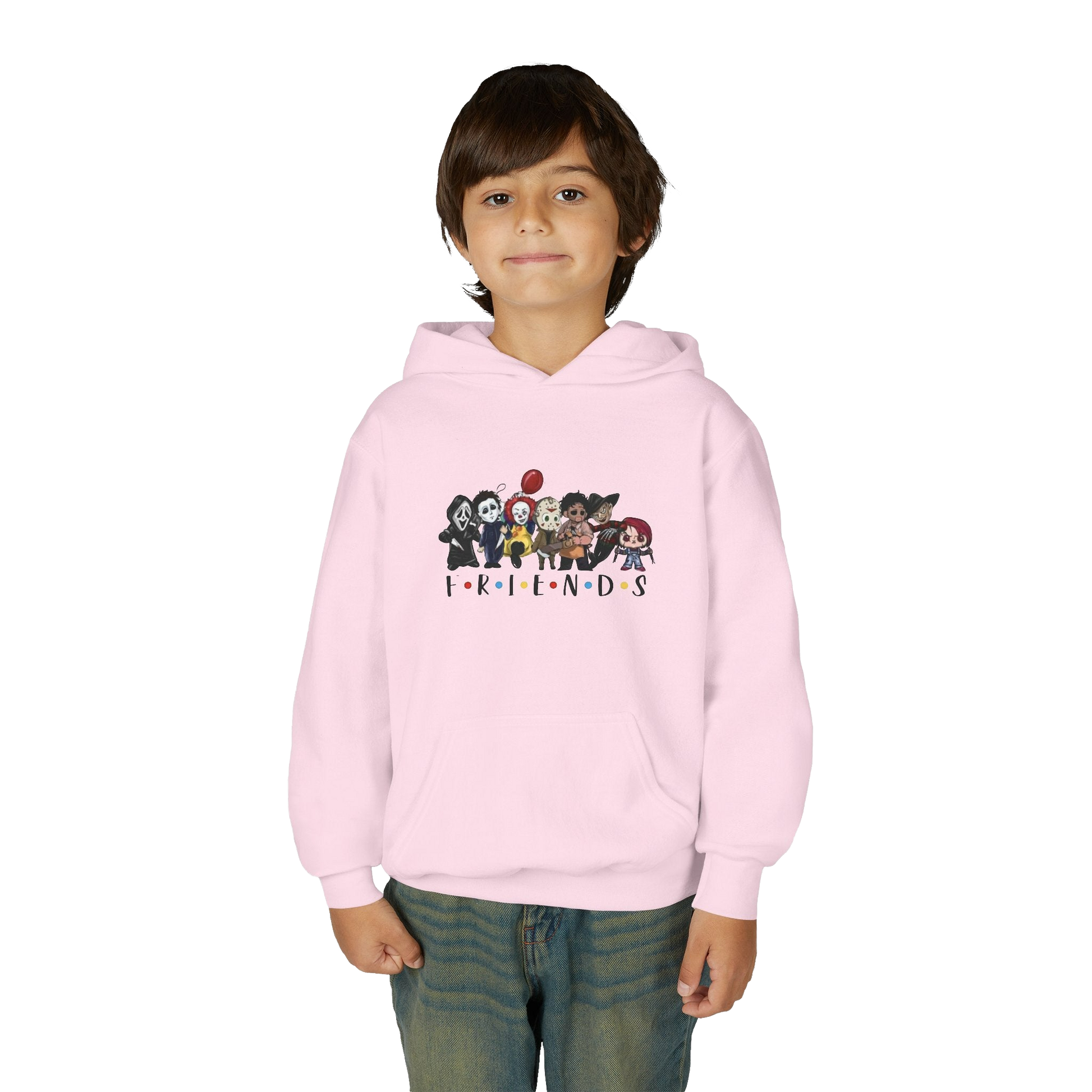 A young boy wearing a pink hoodie with a graphic of cartoon characters from the TV show Friends.