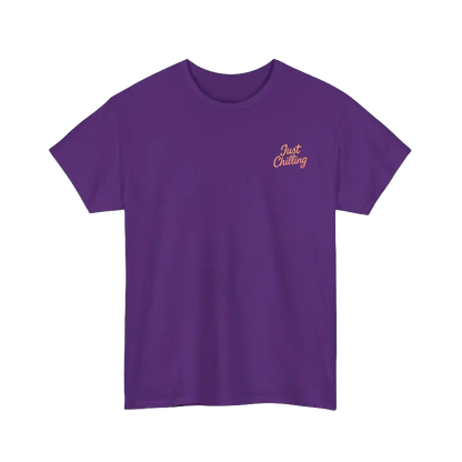 A purple t-shirt with the text "Just Chilling" printed on it.