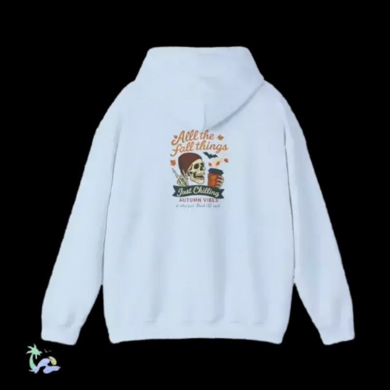 A white hoodie with a graphic design on the back.