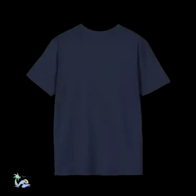 A plain, dark blue t-shirt is shown against a black background.
