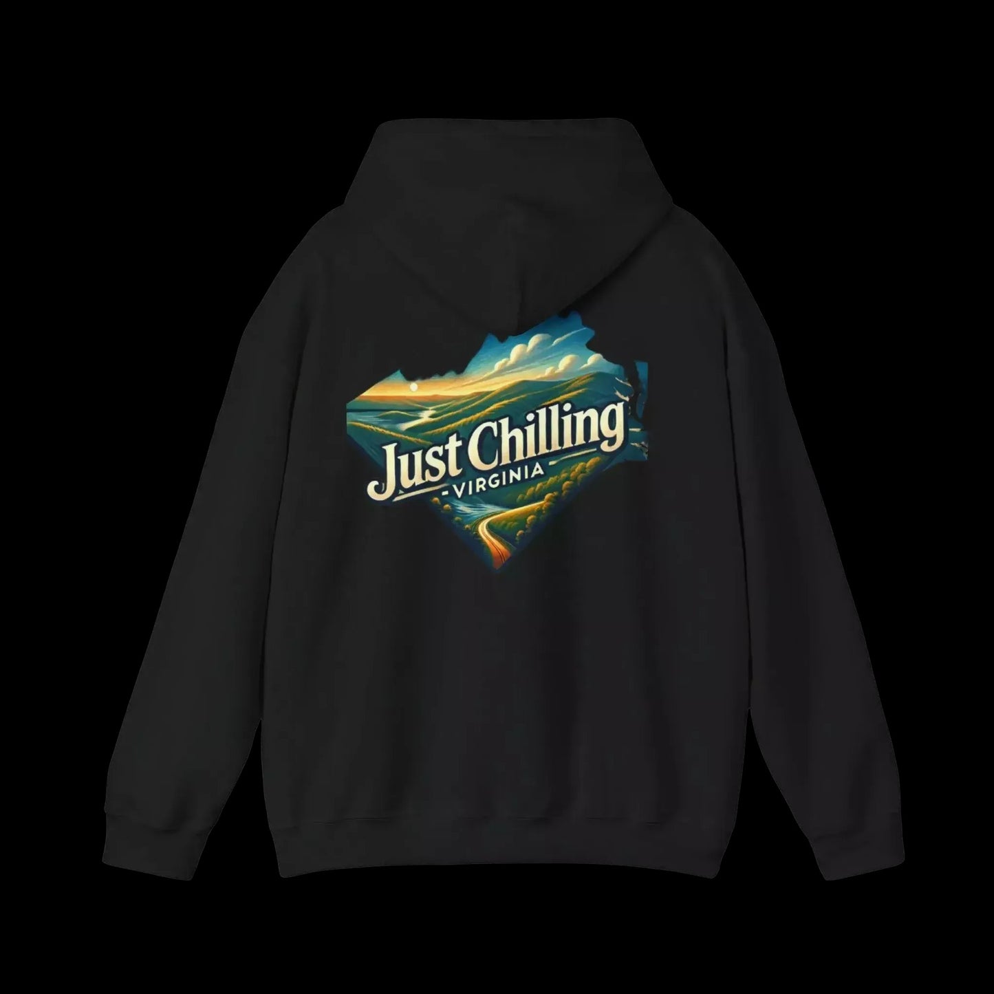 A black hooded sweatshirt with a graphic design on the back, depicting a scenic landscape with mountains and a winding road.