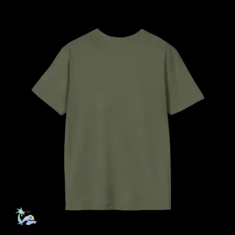 A plain, unadorned olive green t-shirt is displayed against a black background.