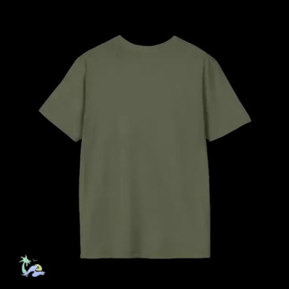 A plain, unadorned olive green t-shirt is displayed against a black background.