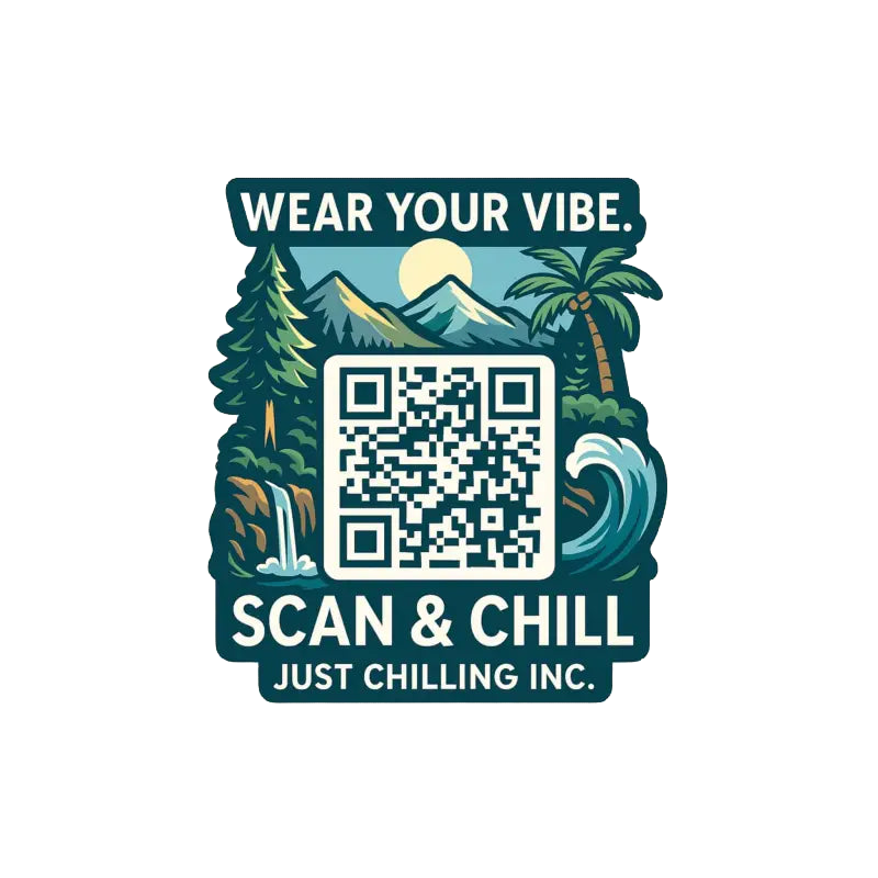 a sticker with a QR code, surrounded by various tropical elements such as palm trees, mountains, and a waterfall. The sticker has a message encouraging people to "Wear your vibe" and includes the text "SCAN & CHILL JUST CHILLING INC."