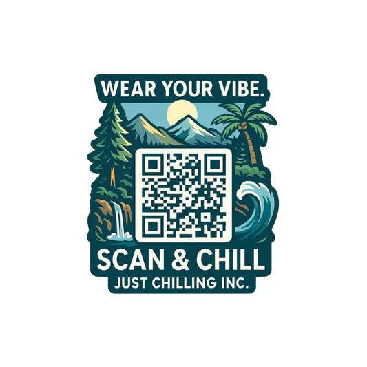 a sticker with a QR code, surrounded by various tropical elements such as palm trees, mountains, and a waterfall. The sticker has a message encouraging people to "Wear your vibe" and includes the text "SCAN & CHILL JUST CHILLING INC."