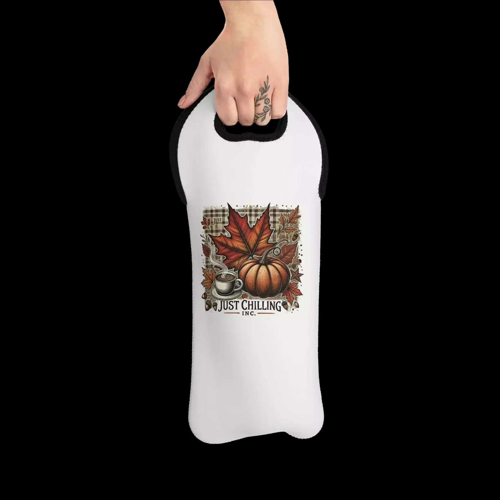 Wine Tote Bag - Fall Themed Custom Neoprene Wine Bottle Carrier With Soft Grip Handle - Just Chilling Inc.