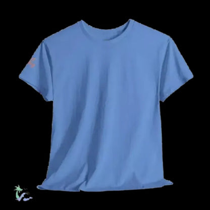 A blue t-shirt is shown against a black background.