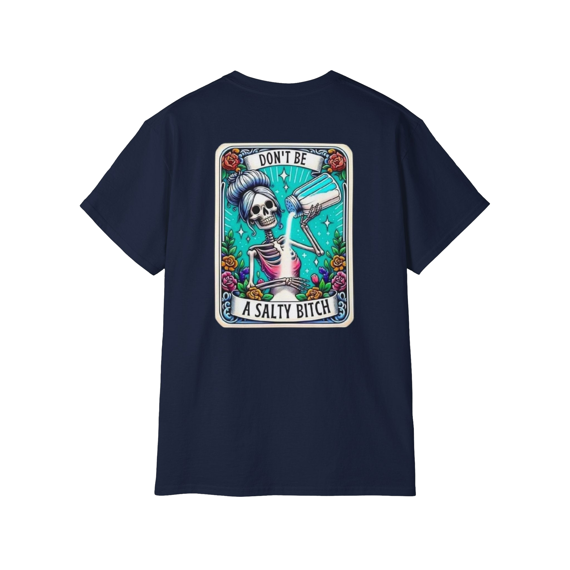 A dark blue t-shirt with a graphic design featuring a skeleton wearing a sombrero and holding a bottle of alcohol, surrounded by colorful flowers and text.
