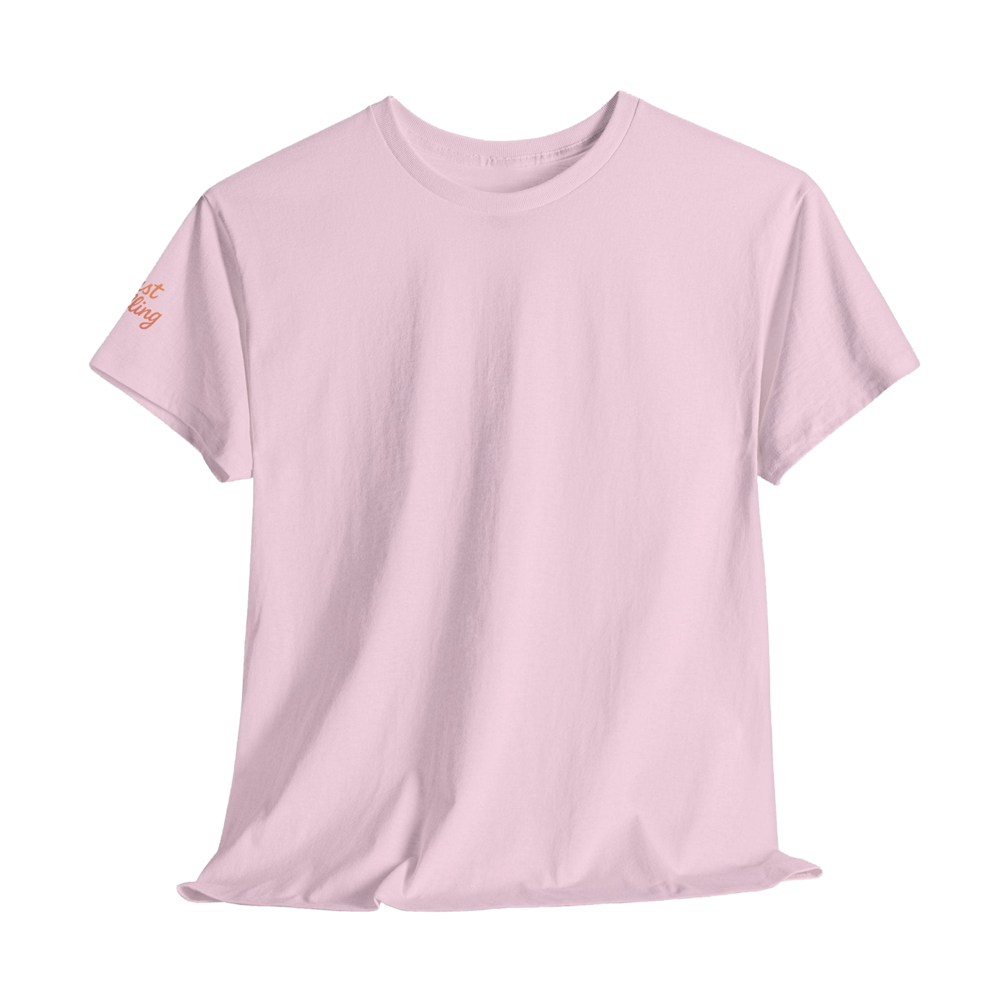 A plain, light pink t-shirt is shown against a black background.