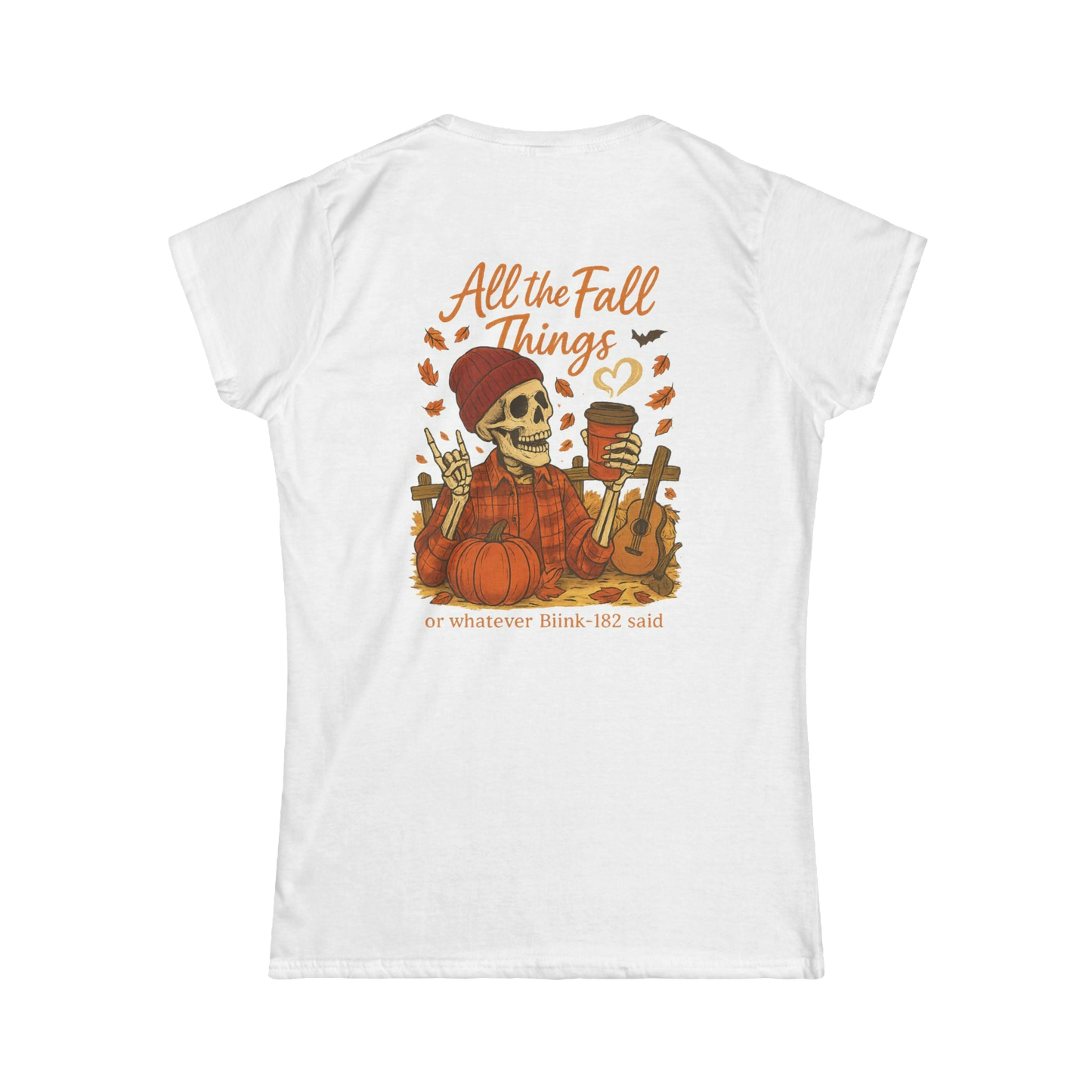 A white t-shirt with an illustration of a skeleton wearing a red hat and holding a cup, surrounded by autumn-themed elements such as pumpkins and leaves.