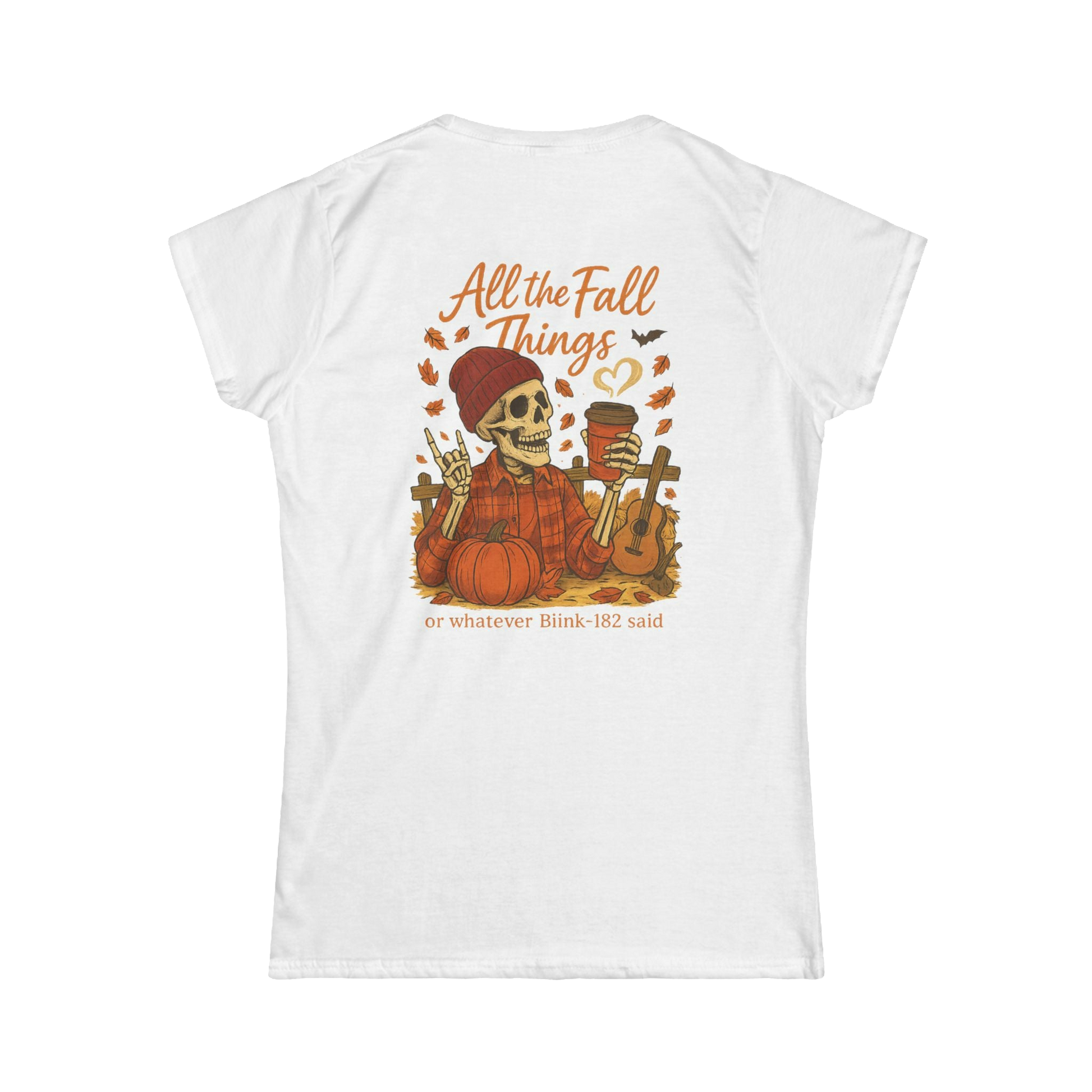 A white t-shirt with an illustration of a skeleton wearing a red hat and holding a cup, surrounded by autumn-themed elements such as pumpkins and leaves.