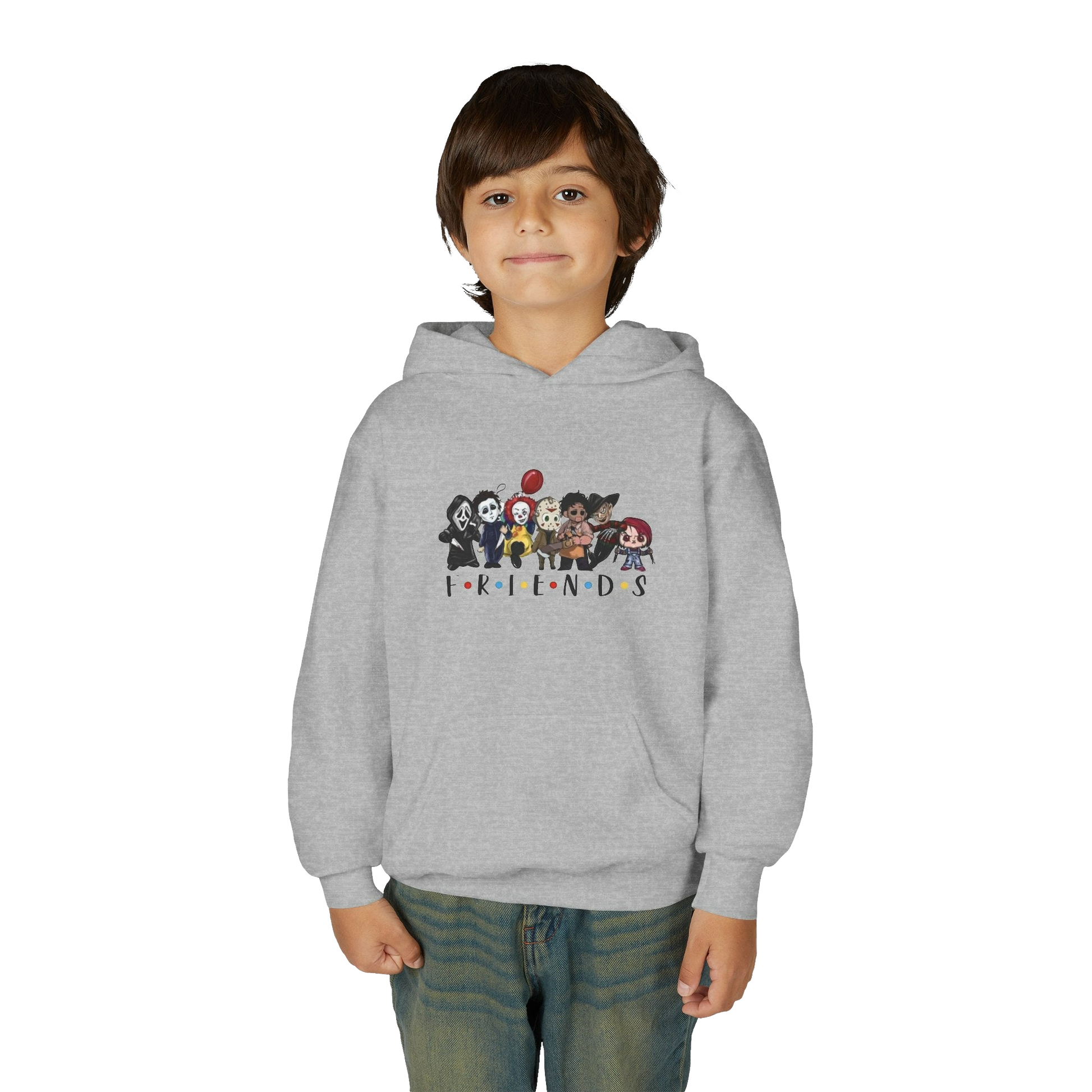 A young boy wearing a grey hoodie with a graphic of cartoon characters and the text "FRIENDS" printed on it.
