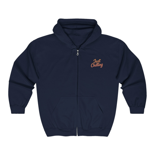 A navy blue zip-up hoodie with the text "Just Chilling" printed on the front.
