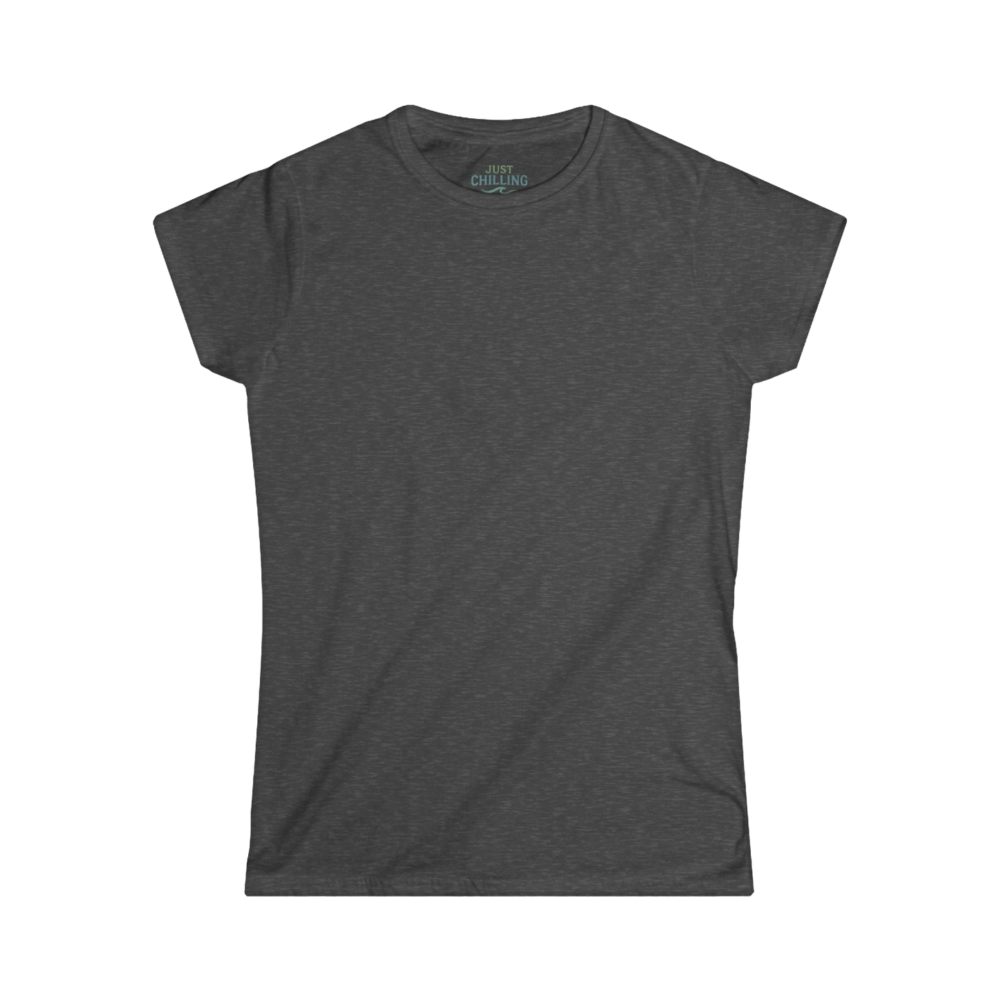 A gray t-shirt is shown against a black background.