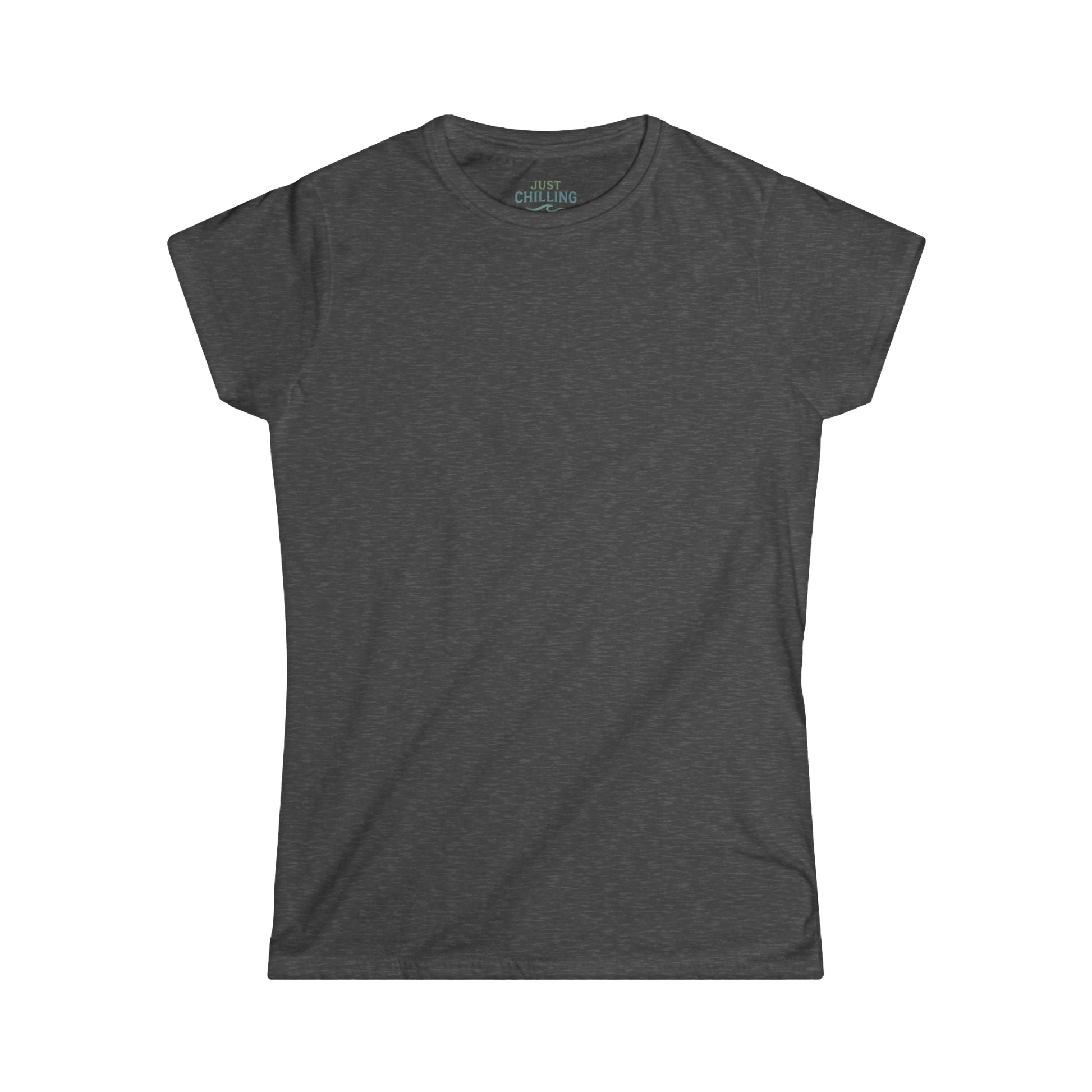 A gray t-shirt is shown against a black background.