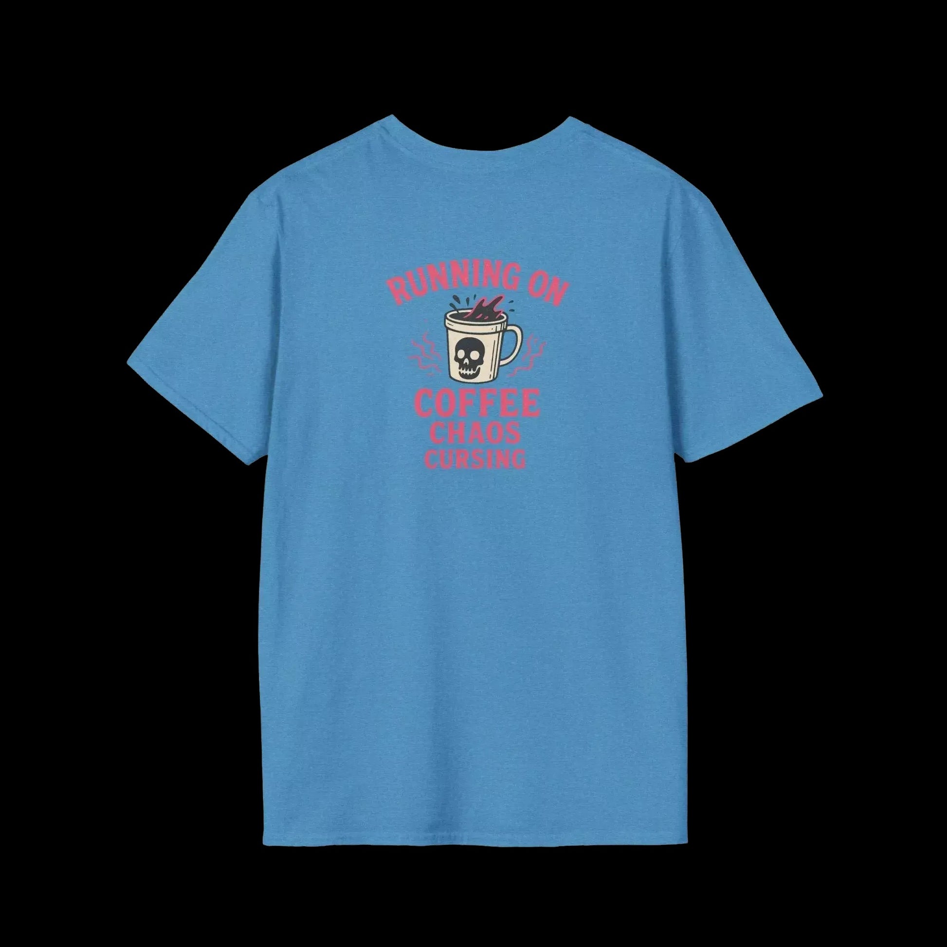 A blue t-shirt with a graphic design featuring a skull and mug with coffee, accompanied by the text "RUNNING ON COFFEE CAUSES CHAOS".