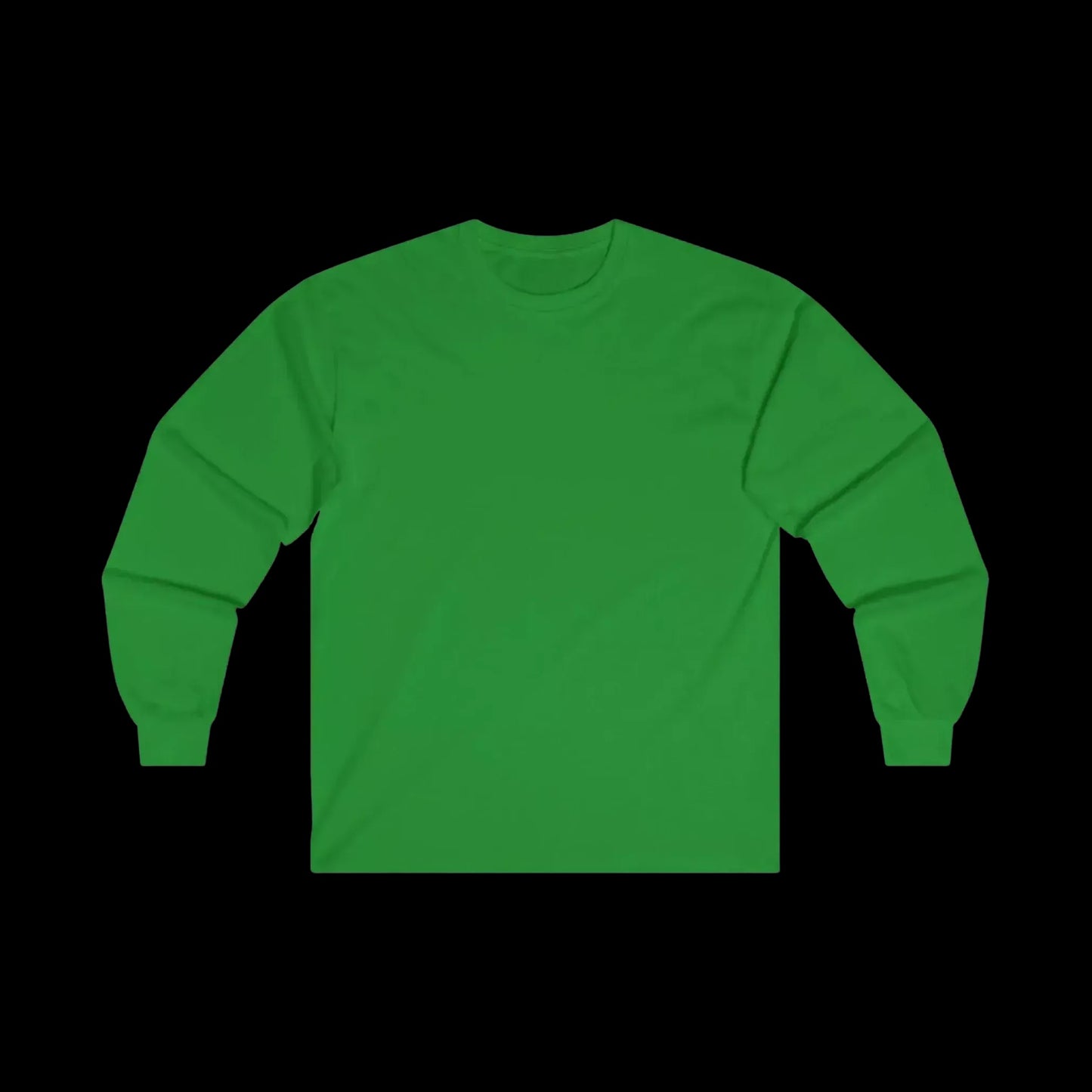 A bright green long-sleeved shirt is displayed against a black background.