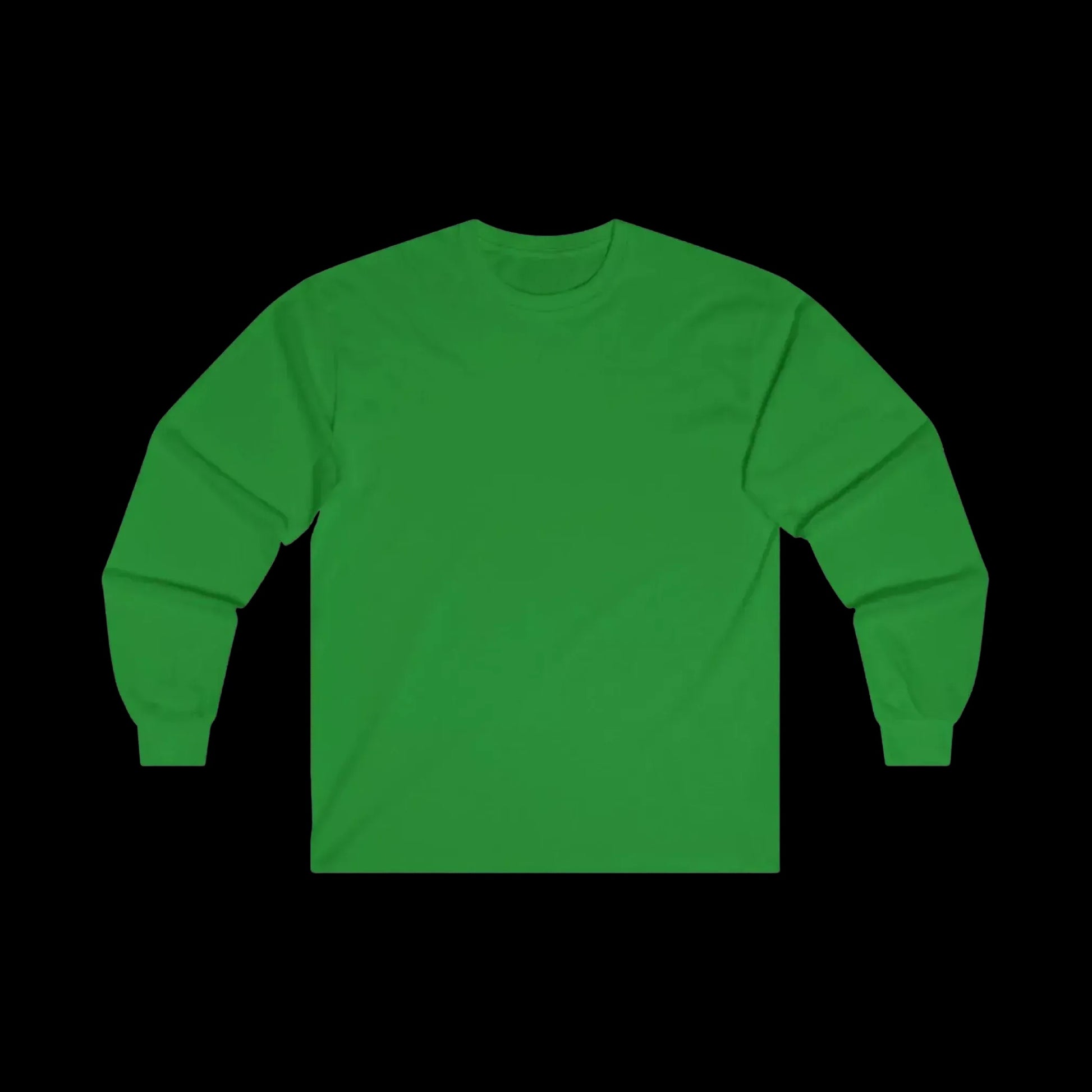 A bright green long-sleeved shirt is displayed against a black background.