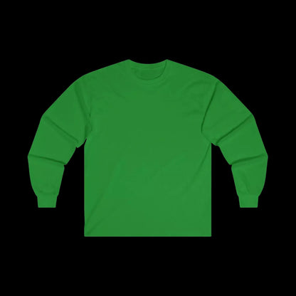 A bright green long-sleeved shirt is displayed against a black background.