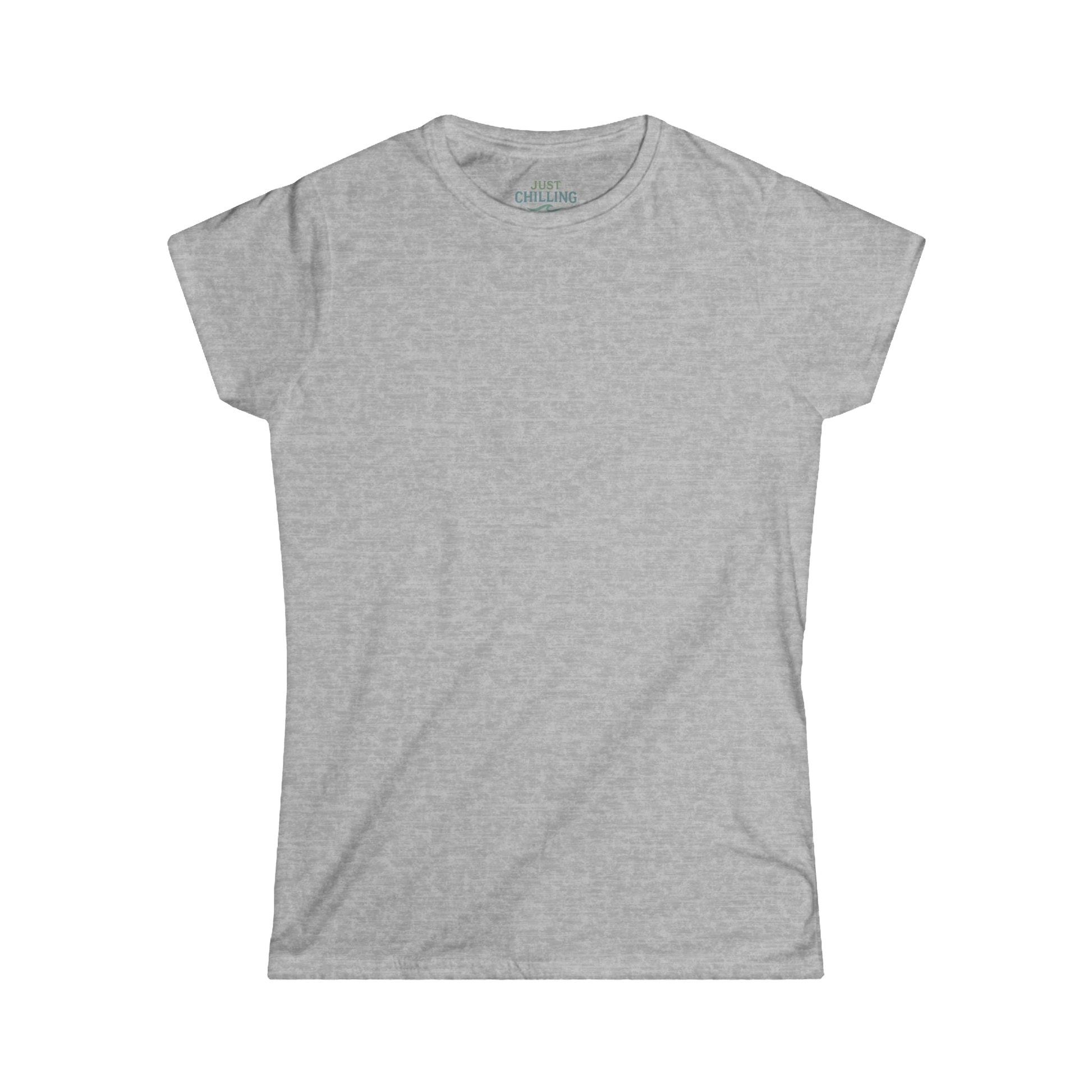 A plain, gray t-shirt is shown against a black background.