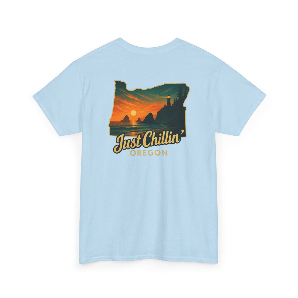 Just Chillin Oregon T-Shirt — Vintage Sunset State Silhouette Tee