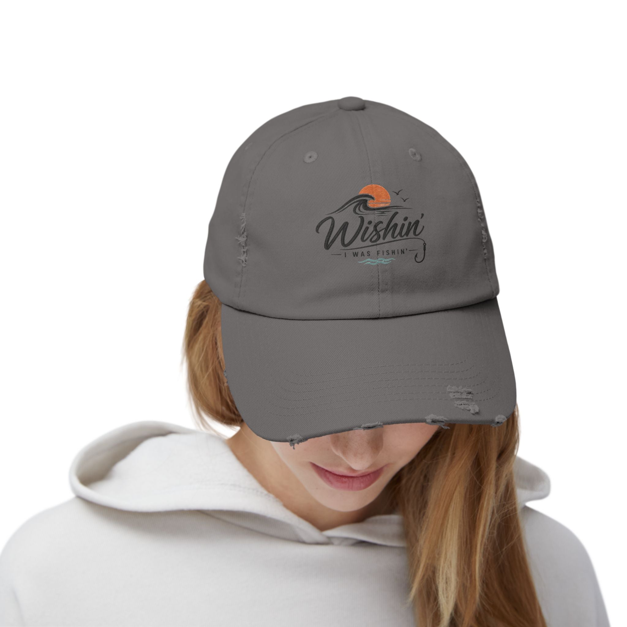 Distressed Baseball Cap - "Wishin' I Was Fishin'" Vintage Fishing Hat
