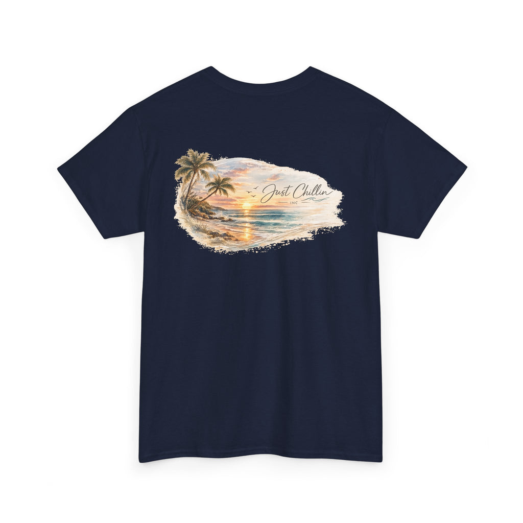 Just Chillin Sunset Palm Tee – Vintage Coastal Graphic T-Shirt