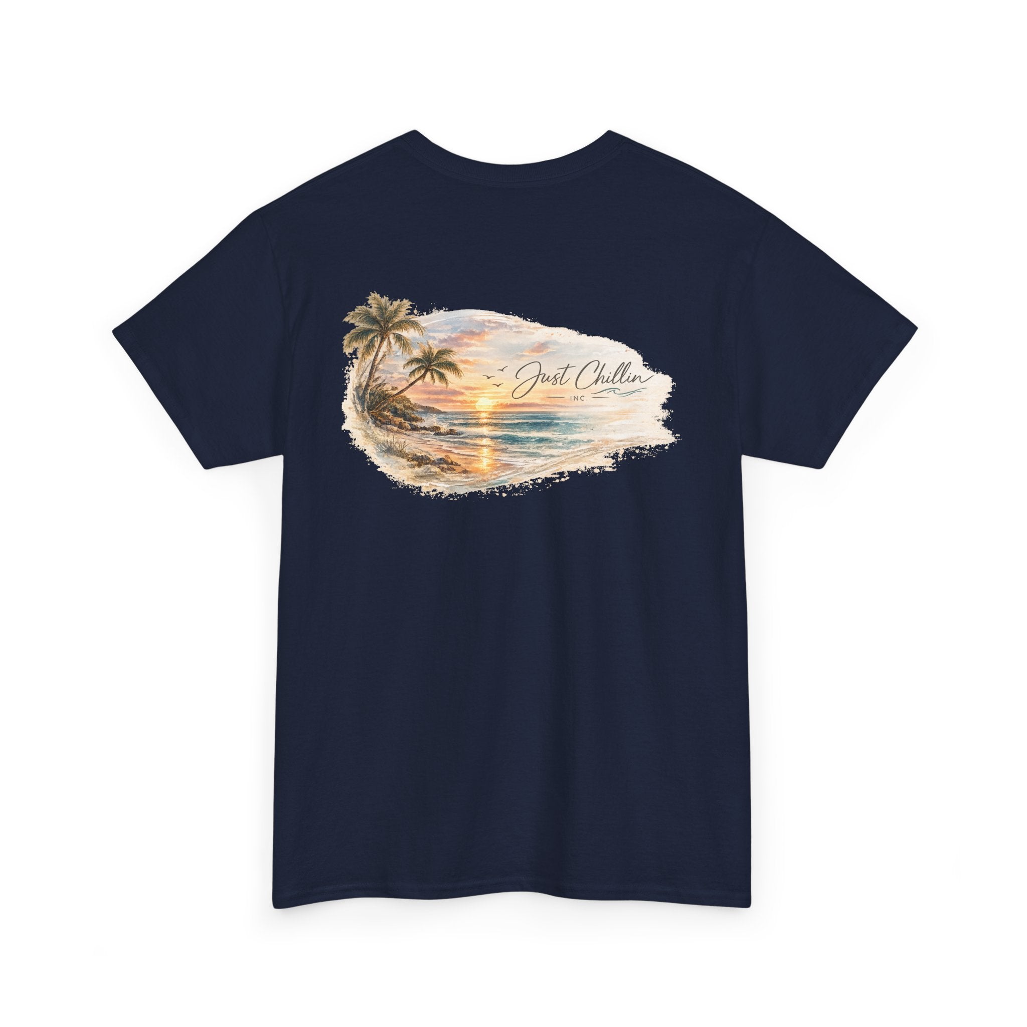 Just Chillin Sunset Palm Tee – Vintage Coastal Graphic T-Shirt