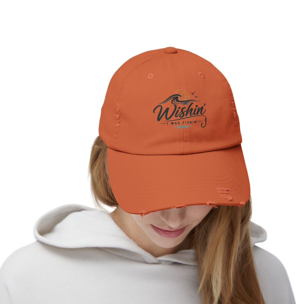 Distressed Baseball Cap - "Wishin' I Was Fishin'" Vintage Fishing Hat