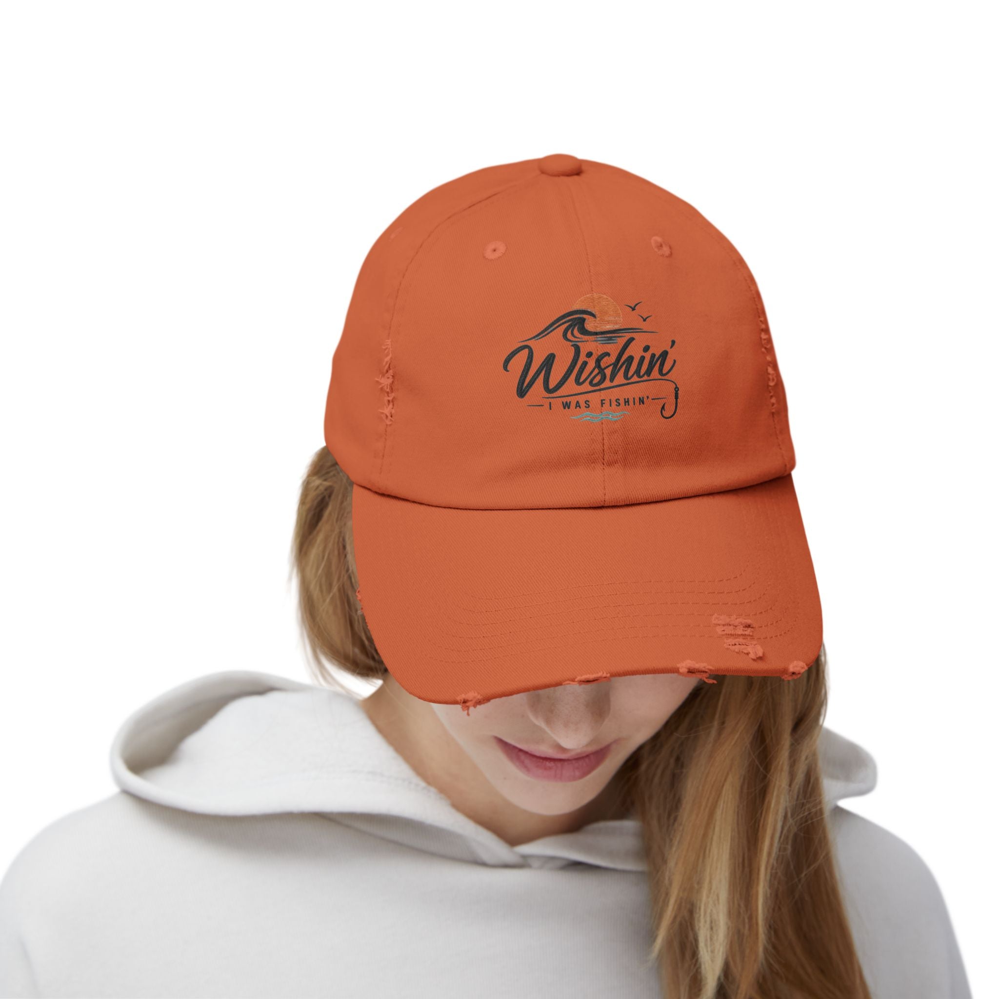 Distressed Baseball Cap - "Wishin' I Was Fishin'" Vintage Fishing Hat