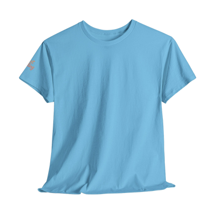 A light blue t-shirt is shown against a black background.